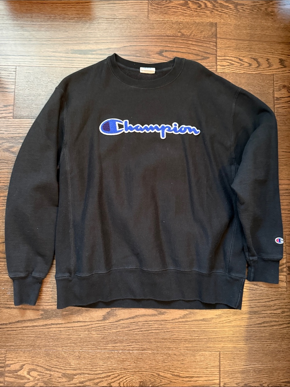 Champion Black Crewneck with Blue Script Logo